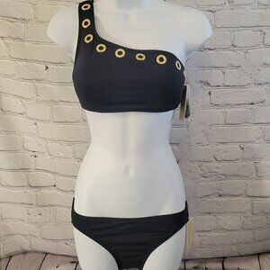 Michael Kors Grommet One-Shoulder Bikini Top & Hipster Bikini Bottoms- Navy
